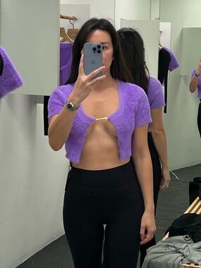 Jacquemus La Maille Neve Purple Fuzzy Crop Cardigan Gold Charm FR 36